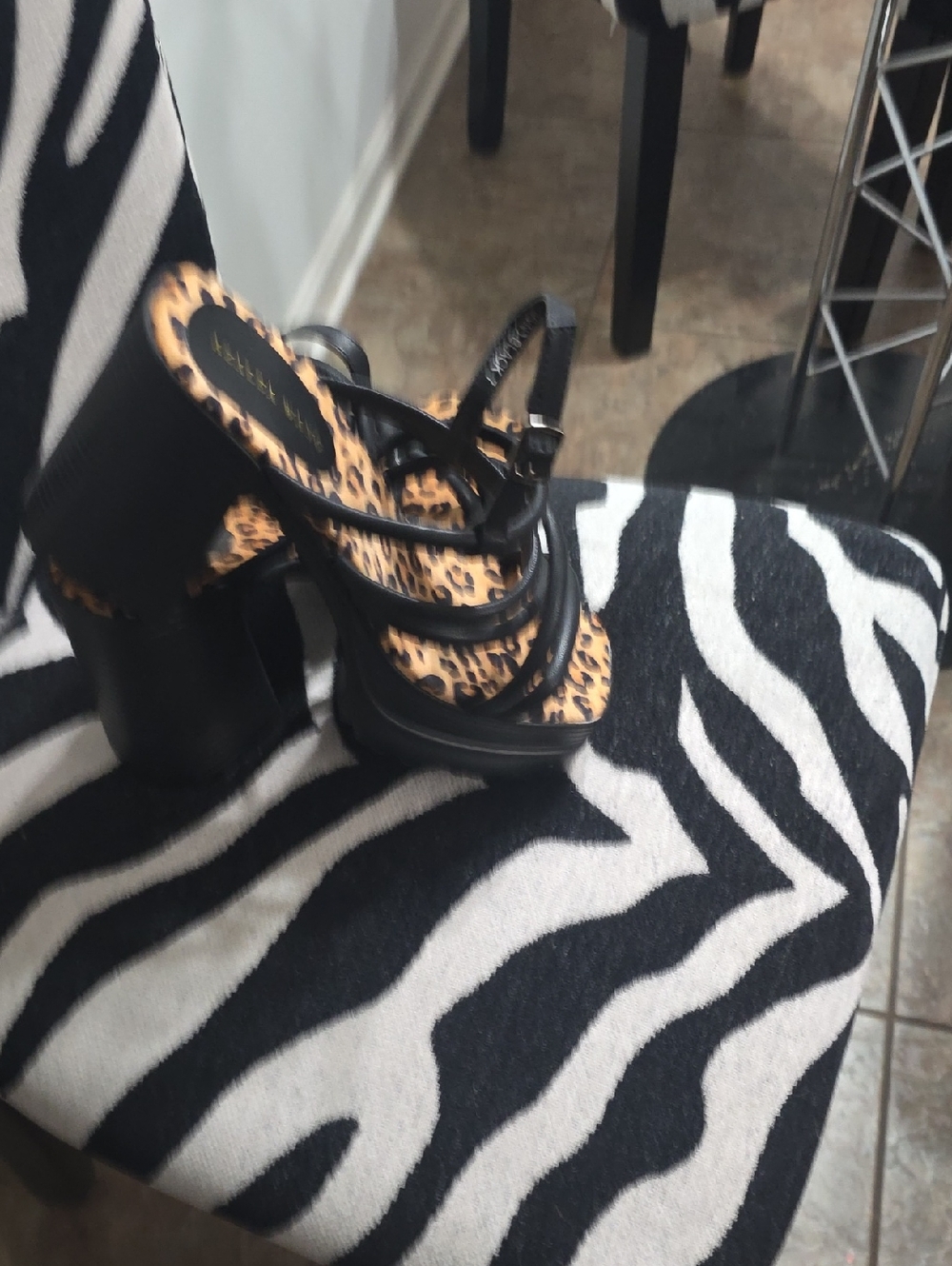 AKIRA Black Strappy Platform Heels with Leopard Insole